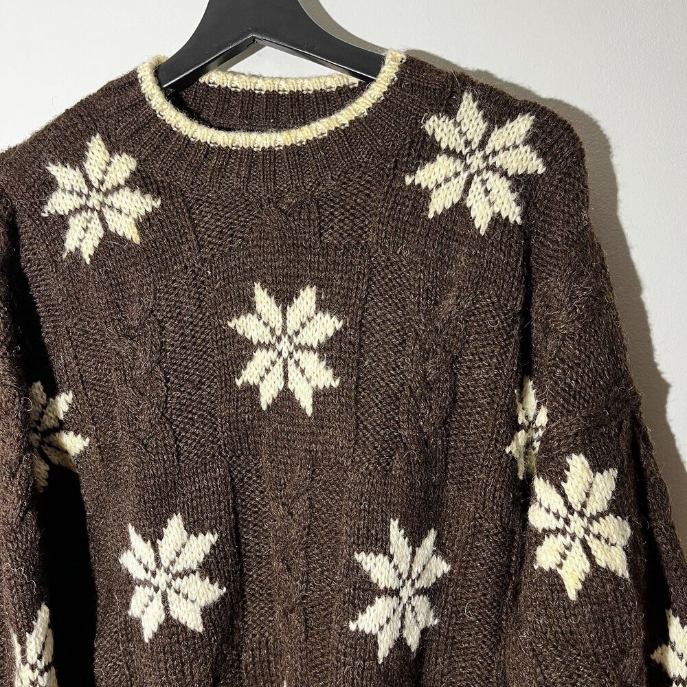 Lands End Vintage Wool Snowflake Sweater Womens S Brown Cable Knit Made 90s - Picture 1 of 8
